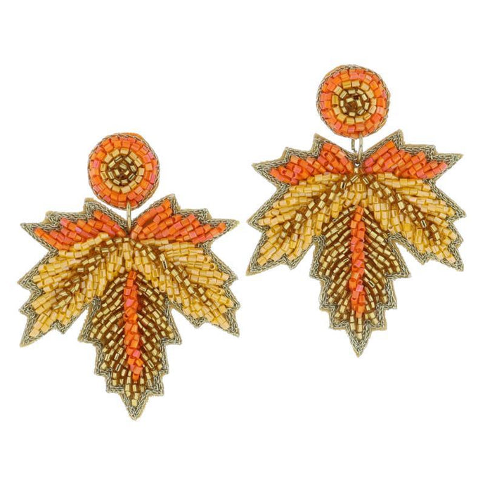 Orange, Yellow, Gold Beaded Post and Fall Leaf Earrings, 2.25