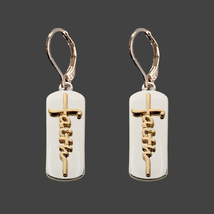 Gold Scripted 'Faith' Over Silver Bar Earrings