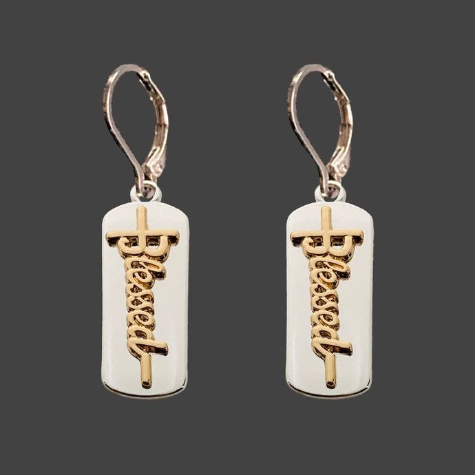 Gold Scripted 'Blessed' Over Silver Bar Earrings