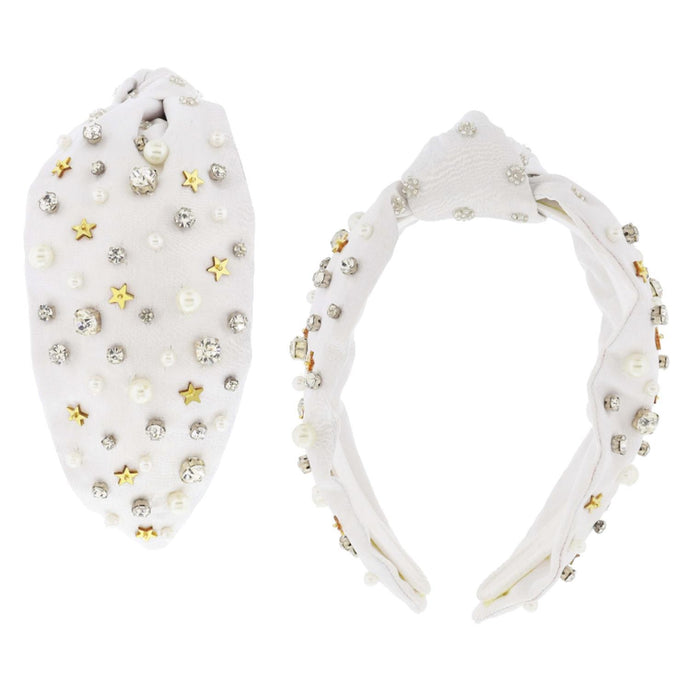 Scattered Multi Clear Crystals, Pearls, Gold Star Sequins on Knotted White Headband