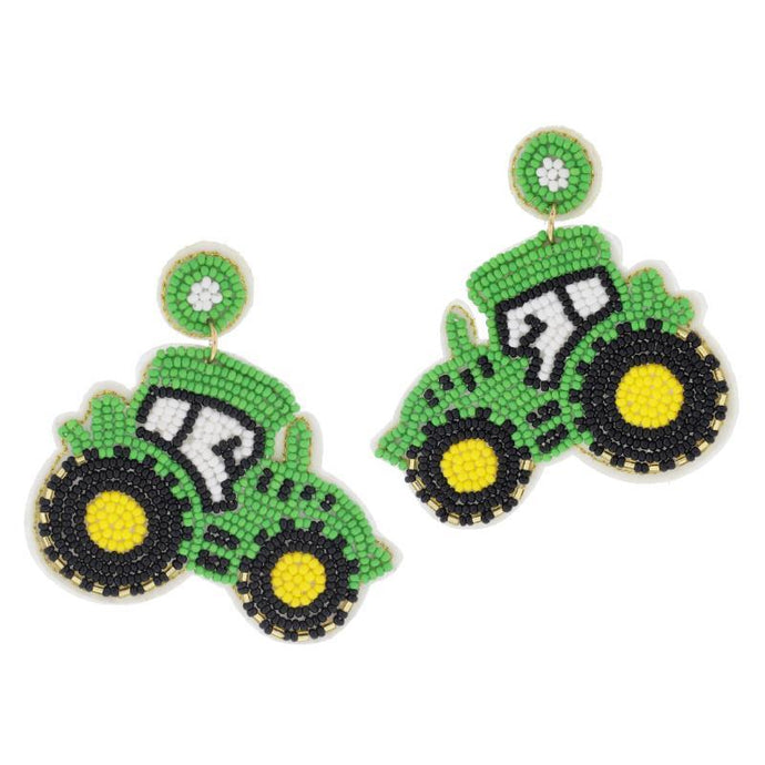 Multi Beaded Green Tractor Earrings