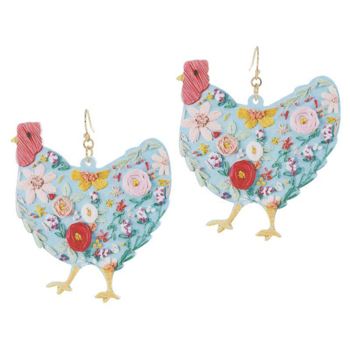 Blue with Multi Floral Print Acrylic Chicken Earrings