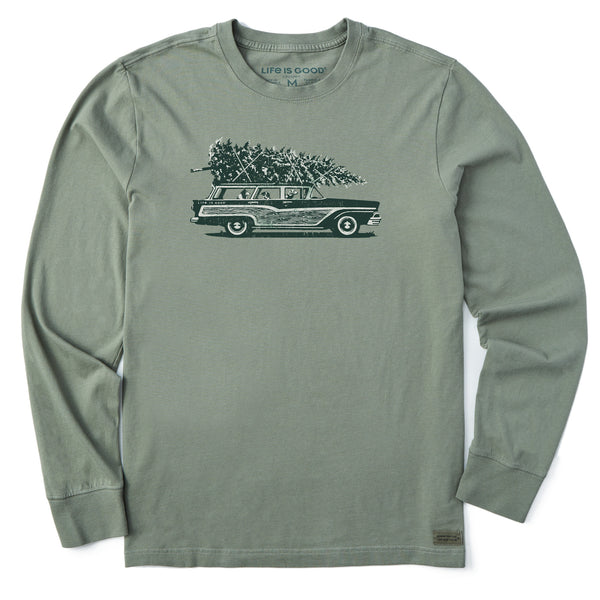 Men's Photo Christmas Tree Wagon Long Sleeve Crusher Tee Moss Green