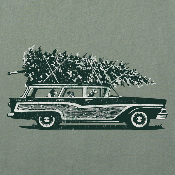 Men's Photo Christmas Tree Wagon Long Sleeve Crusher Tee Moss Green