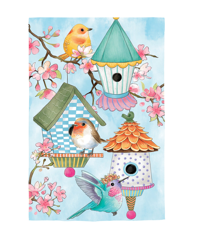 Garden Flag | Bird House & Birds on Cherry Blossoms Linen Garden Flag