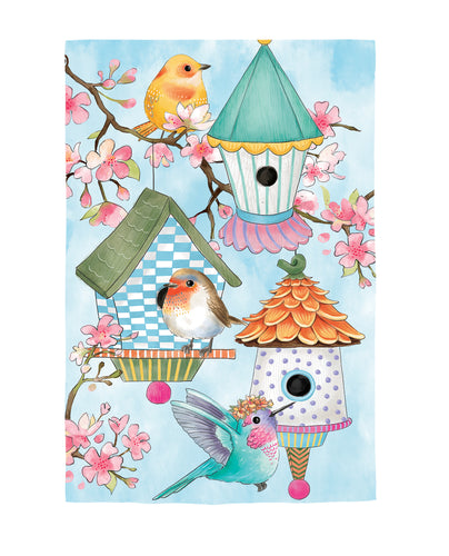 Garden Flag | Bird House & Birds on Cherry Blossoms Linen Garden Flag