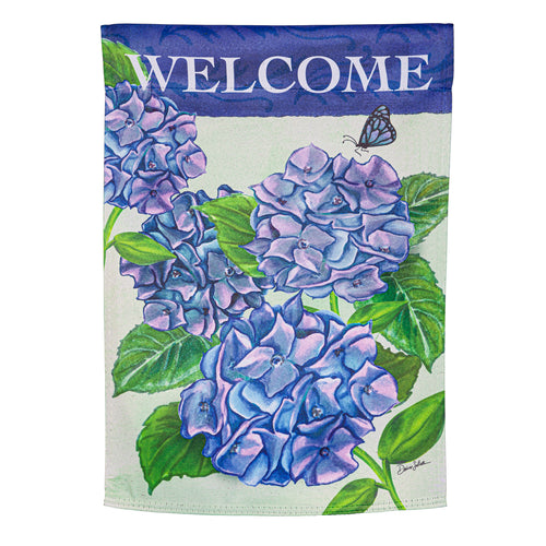 Garden Flag | Welcome Garden Hydrangeas Suede Garden Flag