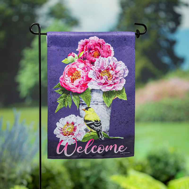 Garden Flag | Bucket of Peonies Suede Garden Flag