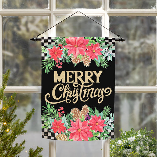Floral Checkered Merry Christmas Suede Garden Flag