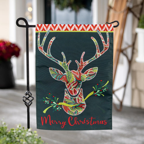 Patterned Reindeer Applique Garden Flag