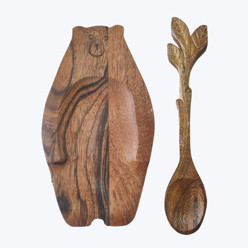Acacia Wood Bear Charcuterie Board with Spoon