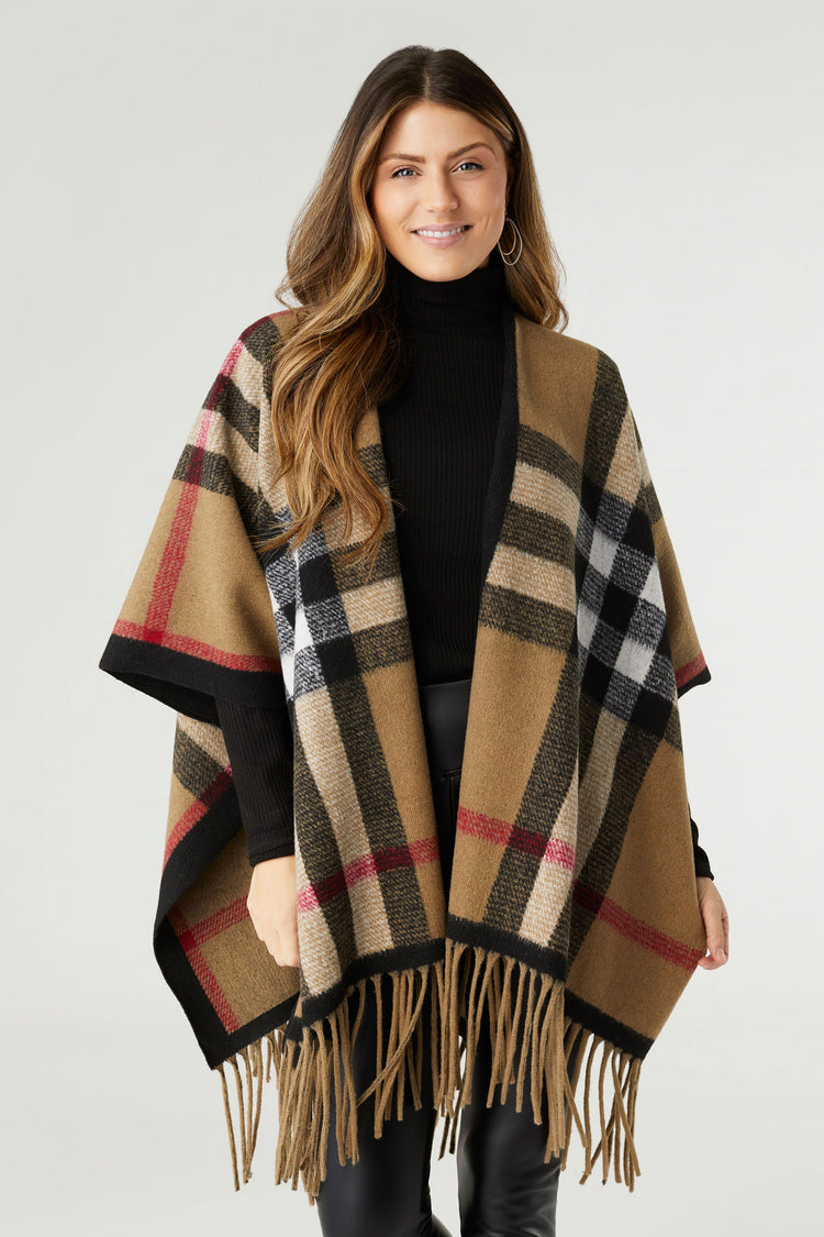 Jora Plaid Wrap with Fringe - Taupe