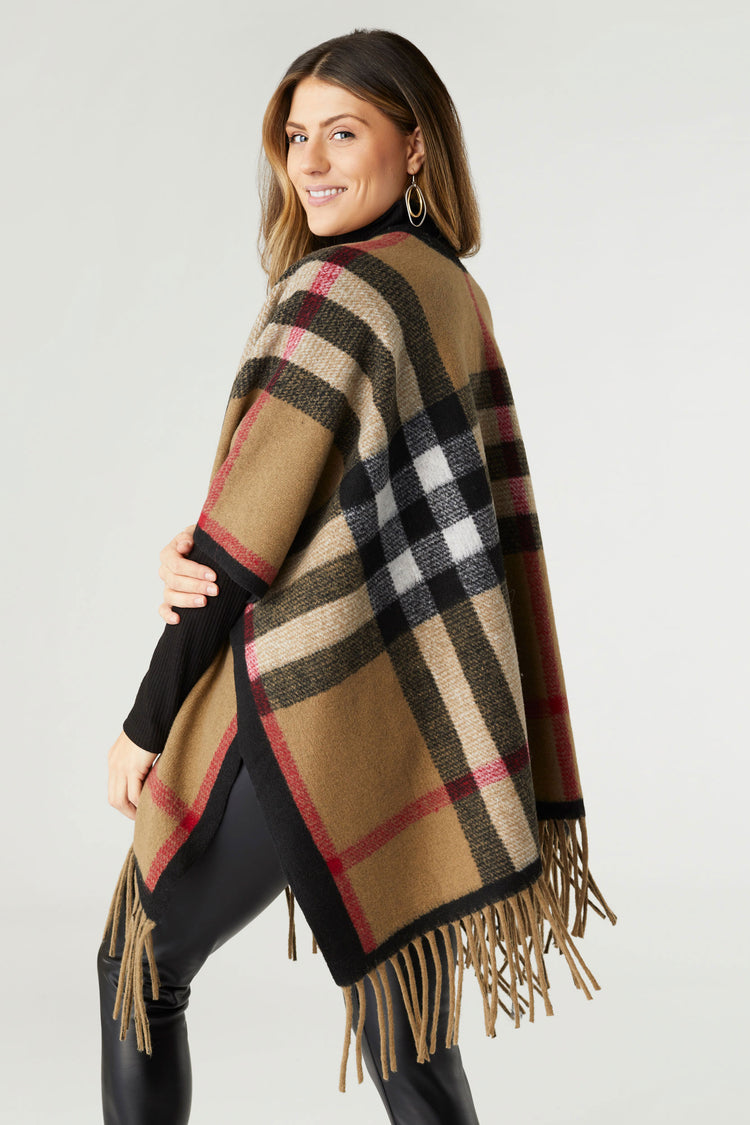 Jora Plaid Wrap with Fringe - Taupe