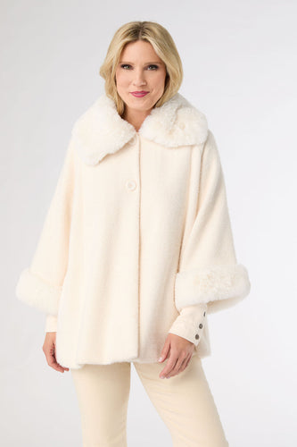 Janara 3/4 Sleeve Button Wrap with Faux Fur Trim - Winter White