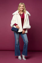 Janara 3/4 Sleeve Button Wrap with Faux Fur Trim - Black