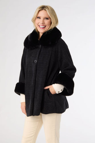 Janara 3/4 Sleeve Button Wrap with Faux Fur Trim - Black