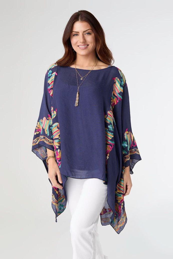 Nia Poncho with Embroidery - Navy