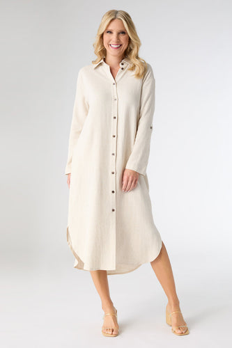 Keira Long Sleeve Dress with Back Button Detail - Natural