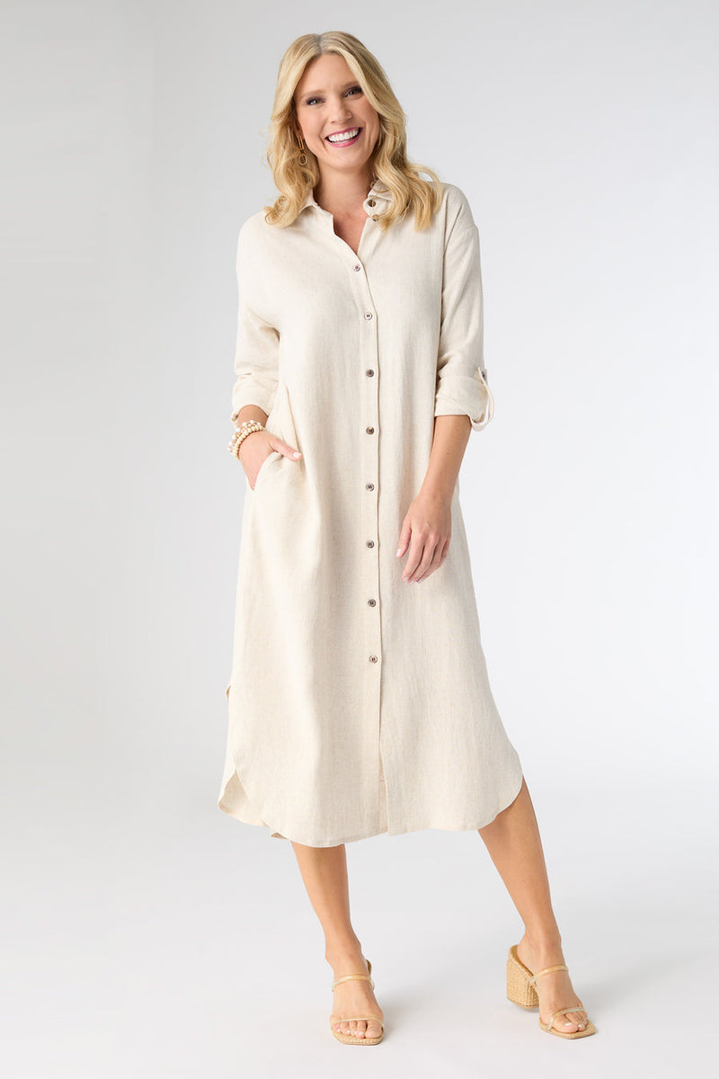 Keira Long Sleeve Dress with Back Button Detail - Natural