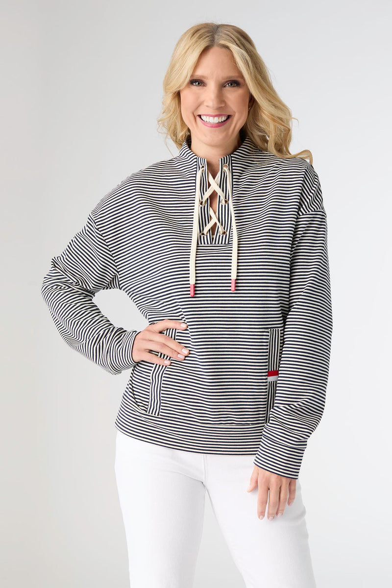 Dixie Long Sleeve Tie Neck Pullover - Navy Stripe