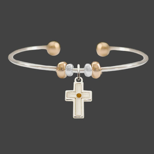 Cross Shaped Mustard Seed Dangling Charm Two Tone Bracelet