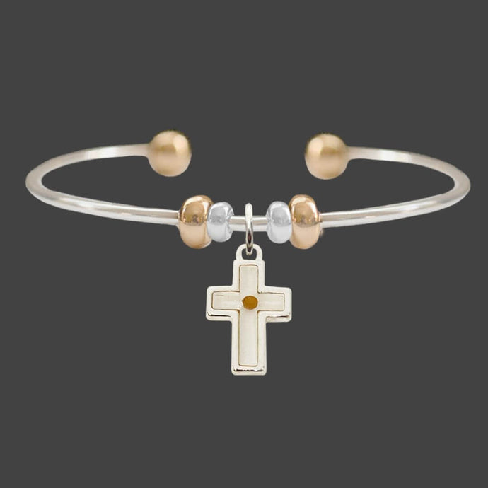 Cross Shaped Mustard Seed Dangling Charm Two Tone Bracelet
