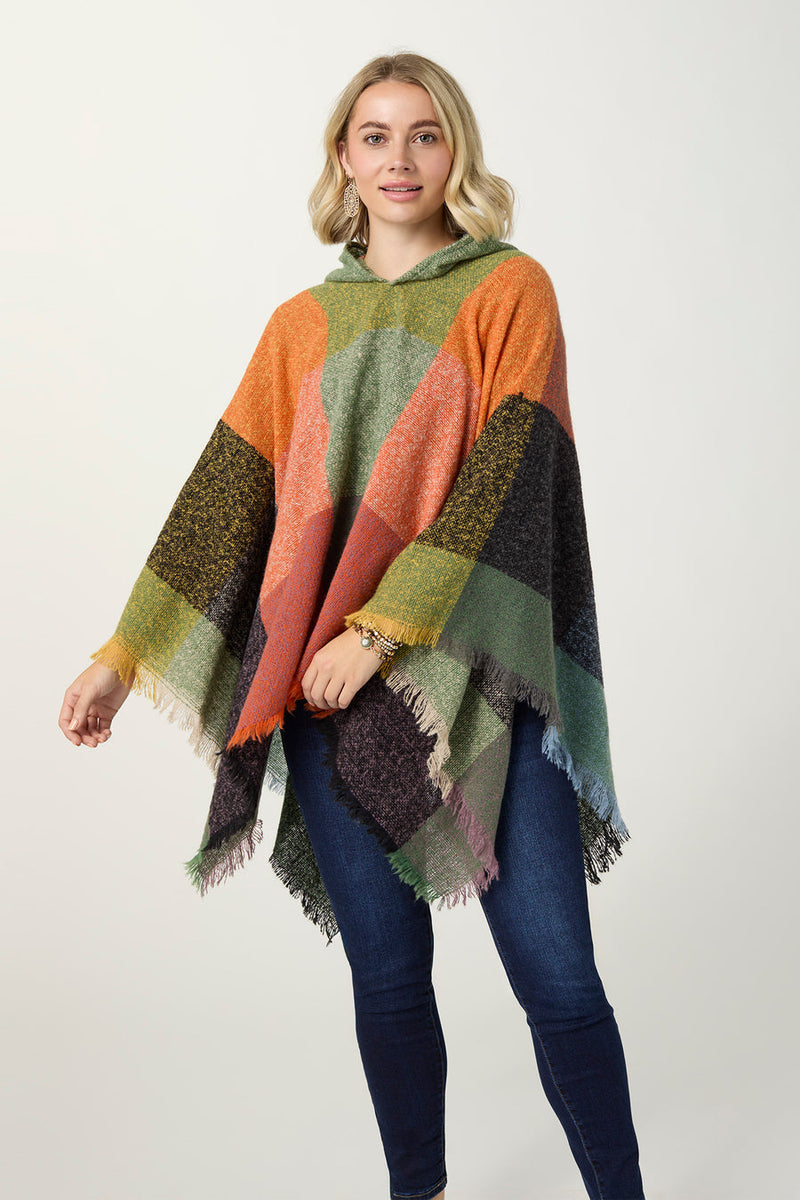 Copacabana Hooded Poncho - Green/Autumn Orange