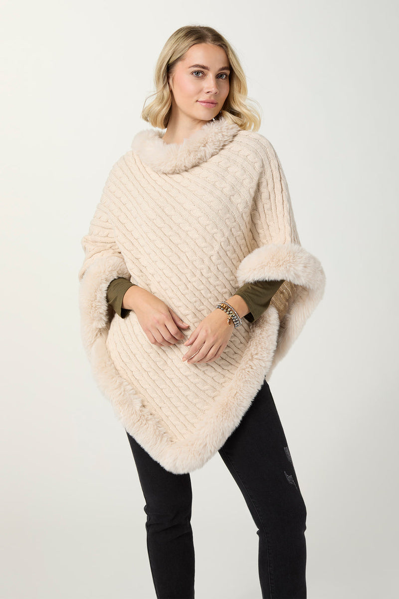 Modena Poncho with Faux Fur Trim - Oatmeal