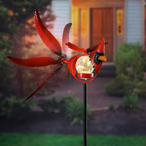 Solar Songbird Metal Wind Spinner with Glass Orb, Cardinal