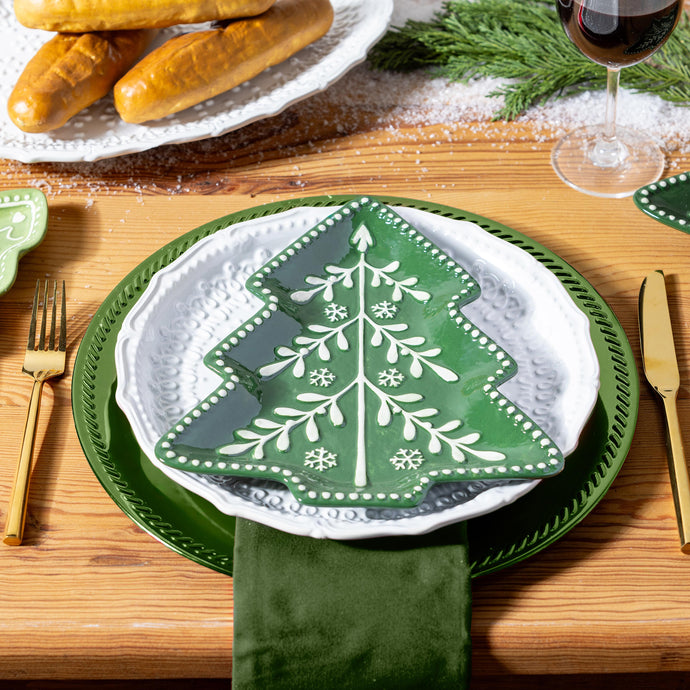 Shades of Green Plate Tree Shaped Embossed Ceramic Salad Plate, 9.5