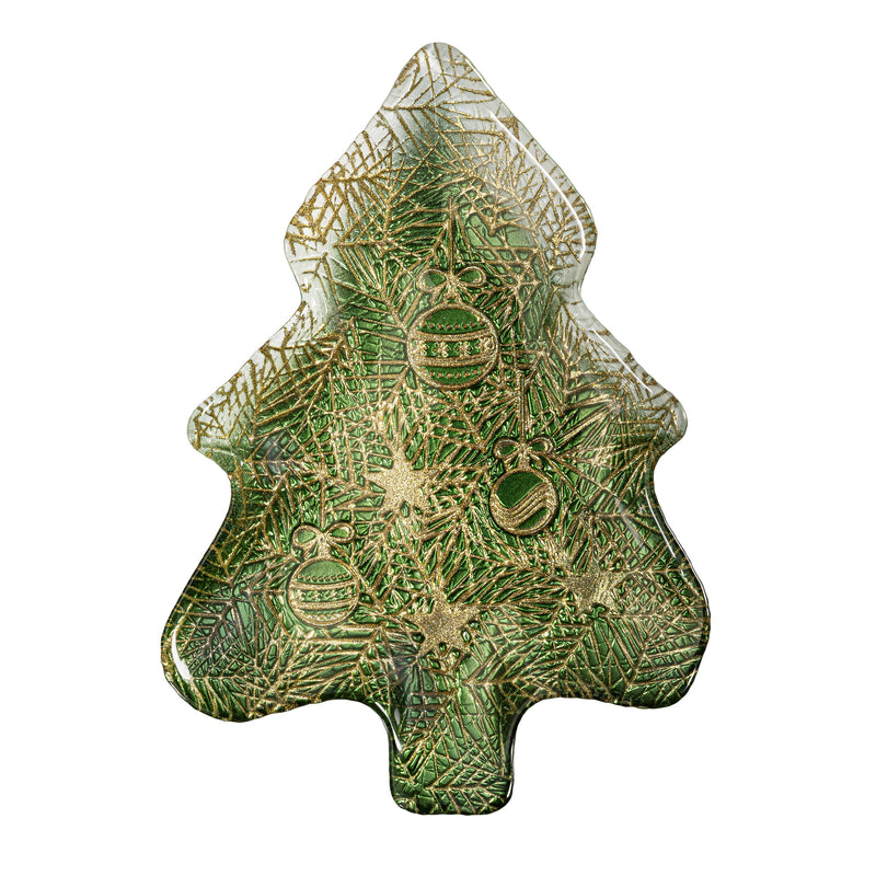 Shades of Green Plate Glass Tree Serving Dish, 8.5"L x 12"W