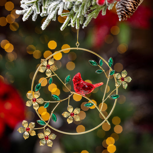 Holiday Poinsettia Hanging Décor Cardinal on Branch with Gem, Metal and Acrylic, 8.75