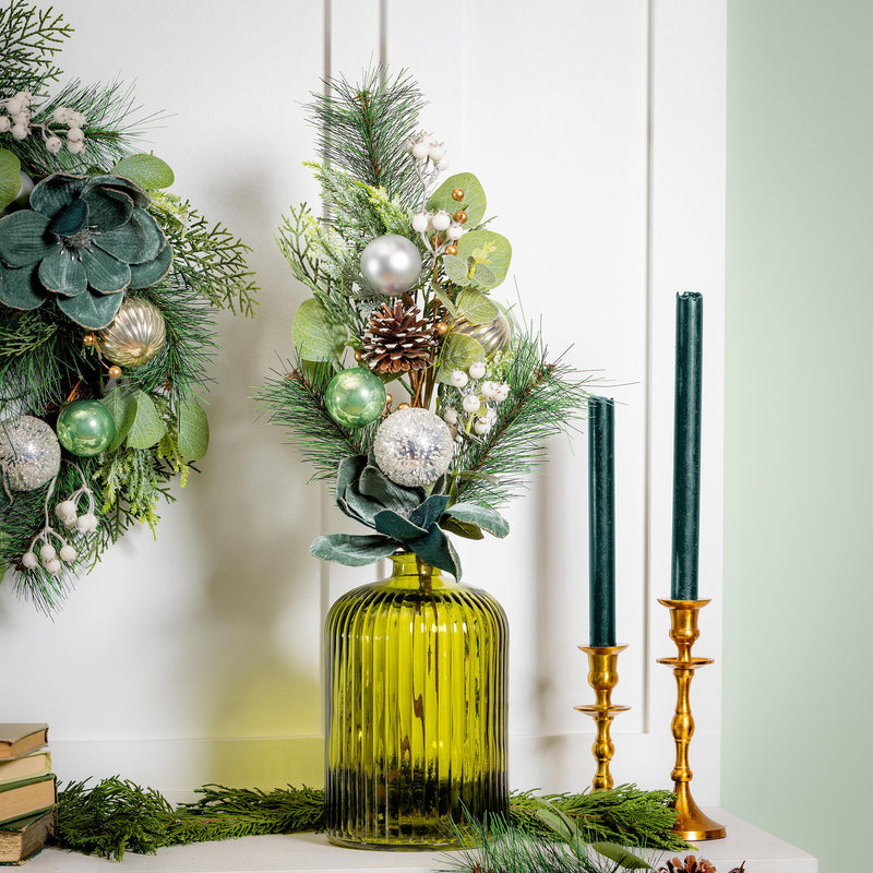 Shades of Green Stem Artificial with Ornaments, 25"H