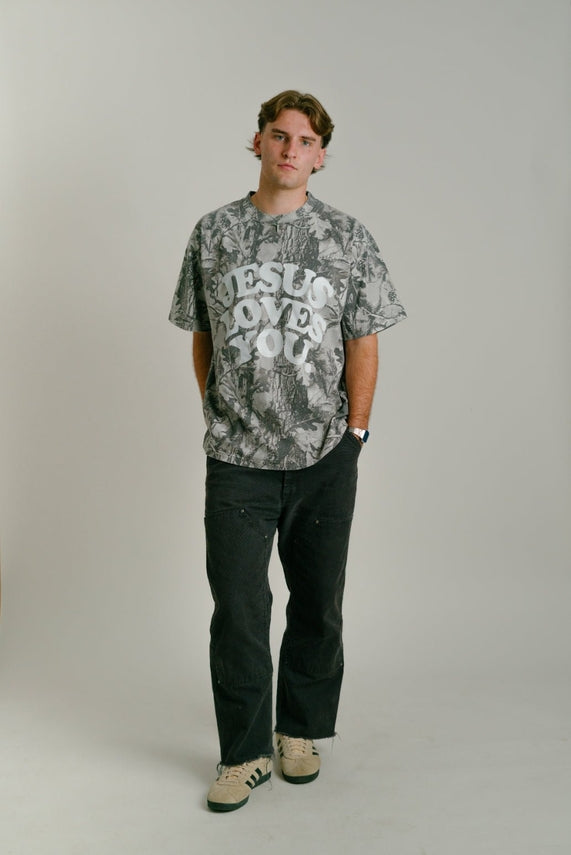 Jesus Loves You Tee | Heavyweight Midnight Oak Camo Tee Oversized