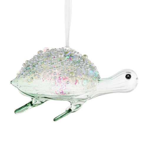 Green Sea Turtle with Pearls Glass Ornament - 5x2in