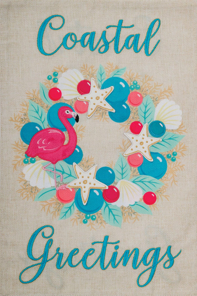 Burlap-Flamingo Wreath Garden Flag