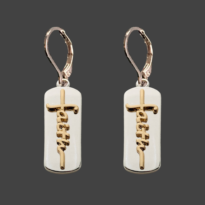 Gold Scripted 'Faith' Over Silver Bar Earrings