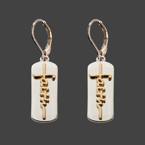 Gold Scripted 'Faith' Over Silver Bar Earrings