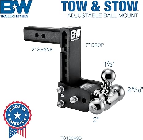 Tow & Stow Adjustable Trailer Hitch Ball Mount - Fits 2" Receiver, Tri-Ball, 7" Drop