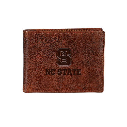 North Carolina State University, Embossed Tumbled Leather Passcase Bi-Fold Wallet, Brown
