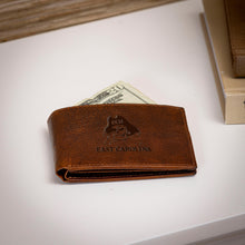 East Carolina University, Embossed 100% Genuine Tumbled Leather Passcase Bi-Fold Wallet, Brown