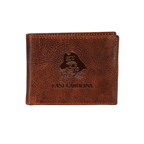 East Carolina University, Embossed 100% Genuine Tumbled Leather Passcase Bi-Fold Wallet, Brown