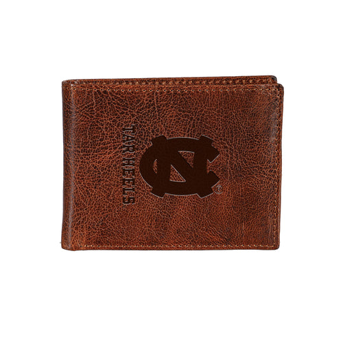 University of North Carolina, Embossed 100% Genuine Tumbled Leather Passcase Bi-Fold Wallet, Brown