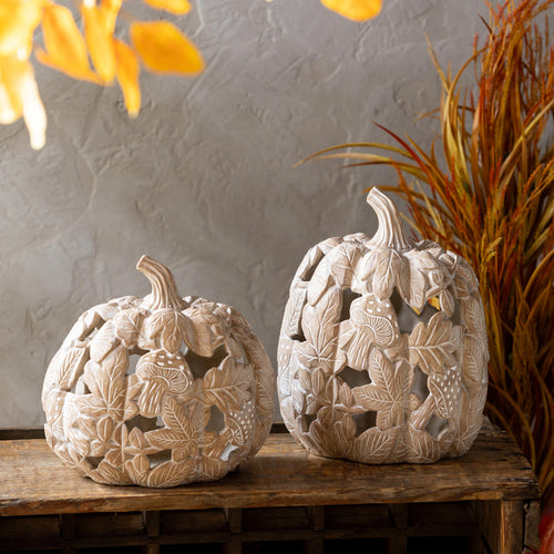 Maple Leaf Mushroom Pumpkin Statue Set