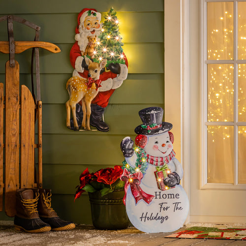 Traditional Santa Decorative Garden Accent, LED Metal Porch Leaner, Christmas Icon, 26