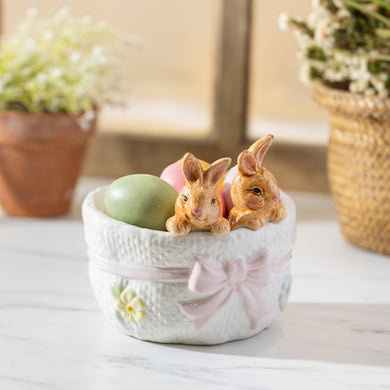 Bunnies in Basket with Bow Ceramic Table Décor, 6