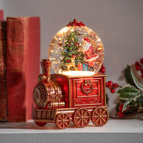 North Pole Express LED Table Decor Train Spinning Water Lantern with Santa and Tree, 7.5