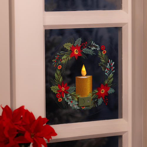 Holiday Poinsettia LED Hanging Décor Wreath with Flickering Light Window Decal, 10