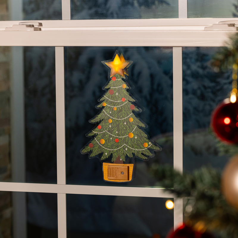 Joyful Traditions LED Hanging Décor Christmas Tree with Flickering Light Window Decal, 10.25"H