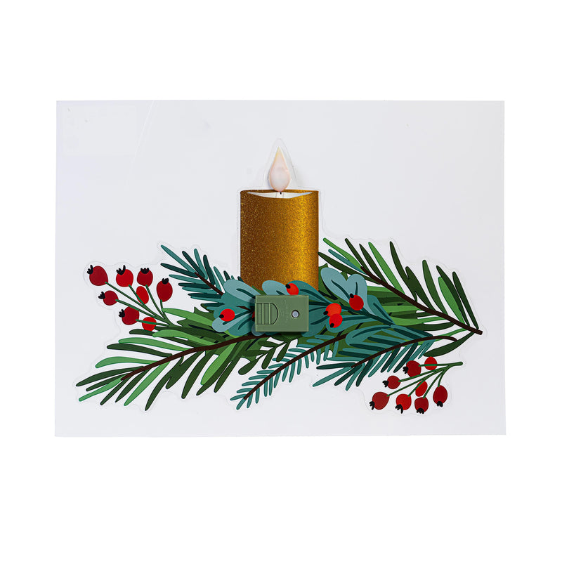 Holiday Poinsettia LED Hanging Décor Candle with Greenery Flickering Light Window Decal, 12.5"L